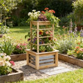 Wooden elevated garden bed with grid frame, flowerpot box, planting box, natural wood